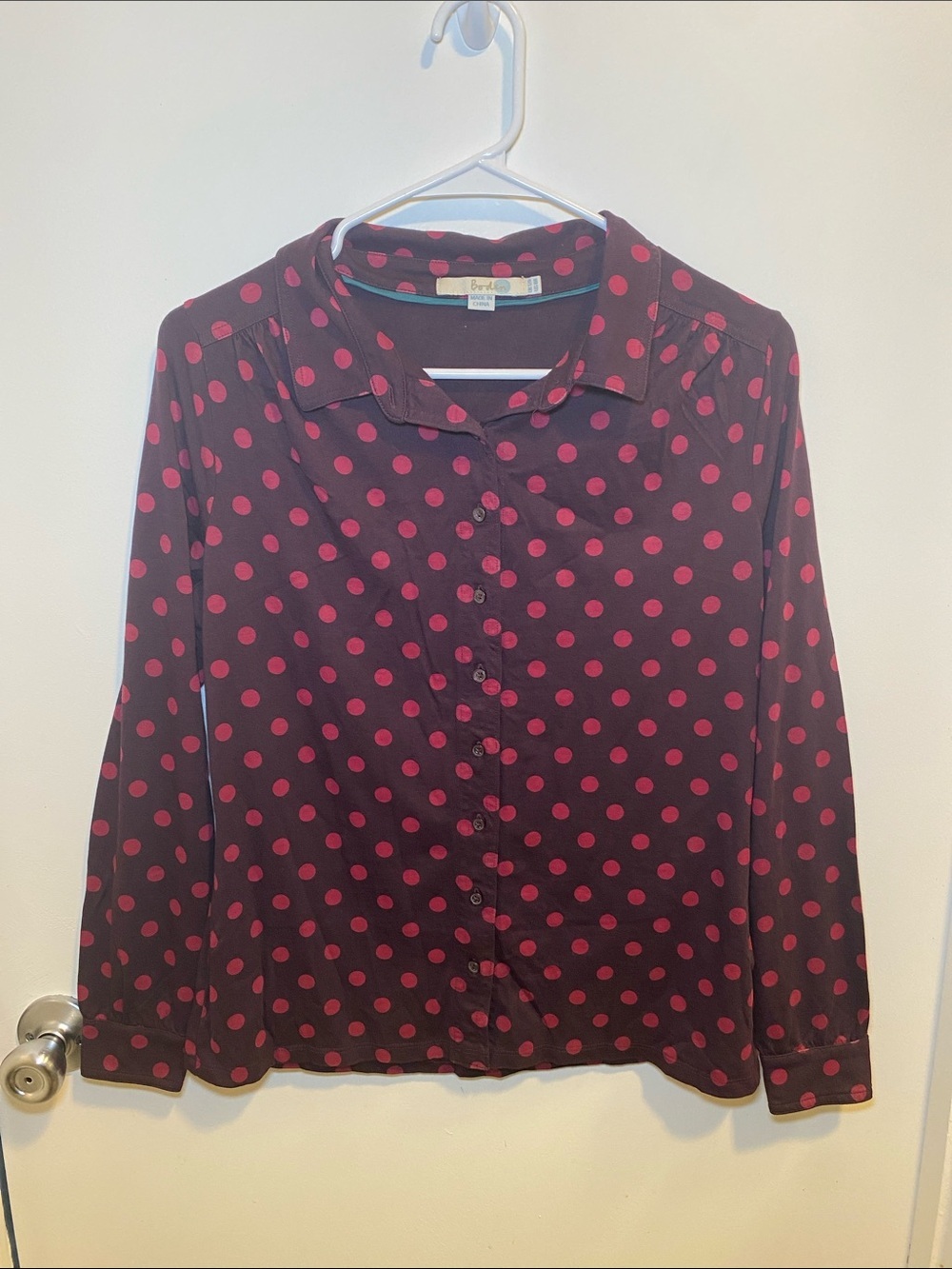 Boden Black Button-Down Blouse with Pink Polka Dots